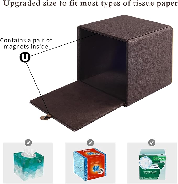 Linen Square Tissue Box Cover,Cube Tissue Box Holderï¼Excellent Rosegold Leather Decoration,Table Napkin Case Dispenser,Facial Tissues Organizer with Magnetic Bottom for Home Office Car(Coffee)