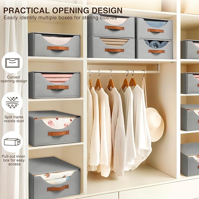 Large Closet Organizers - Closet Storage Drawers for Clothes, Fabric Sotrage Bins with Handle, Collapsible Organizer Bins for Bedroom, Living Room, 4 Pack, Gray