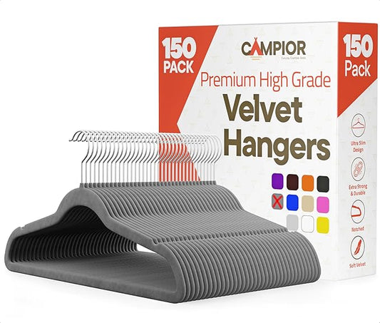 Gray Velvet Hangers 150 Pack – 360° Swivel Hook, Non-Slip and Space Saving Hangers, Heavy-Duty 11 lbs Weight Capacity - Smooth Velvet Finish for Crease-Free Clothes and Effortless Closet Organization