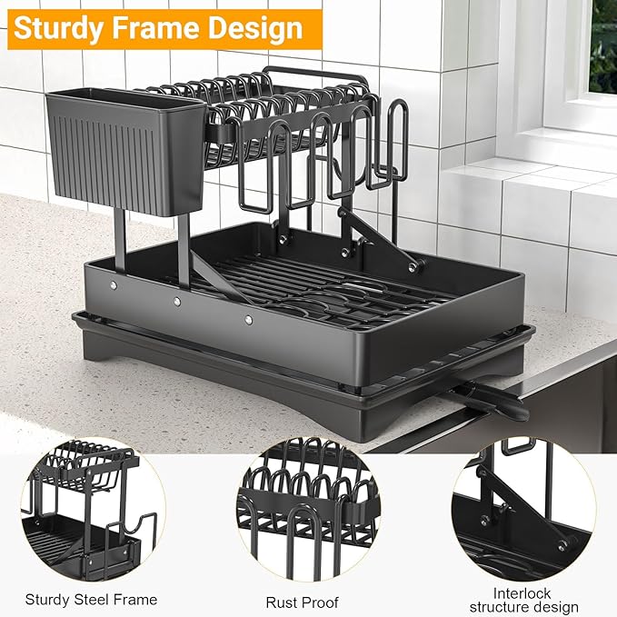 Large Dish Drying Rack 2 Tier for Kitchen Counter, Anti-Rust Metal Dish Rack with Lock & Lift System & Retractable Auto-Drain Spout, Escurridor de Platos with Cutting Board Holder, Black