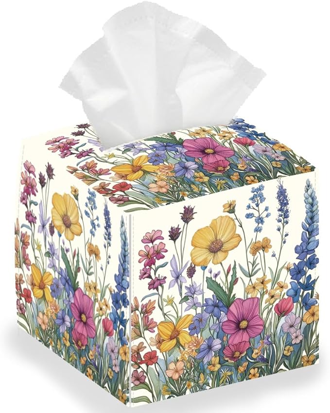 Wild Flowers Tissue Box Holder, Vintage Floral Square Tissue Box Cover Foldable Tissue Storage Box Waterproof Paper Towel Case Container Organizer Tissue Box Holder for Bedroom Office Car