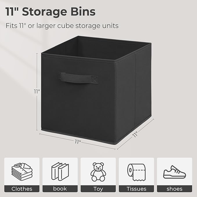 11 Inch Fabric Storage Cubes, Sturdy Foldable Storage Bins, Heavy Duty Cube Organizer for Clothes, Blankets, Shelves, Closets, Bedroom, Living Room, Black, 12 Pack
