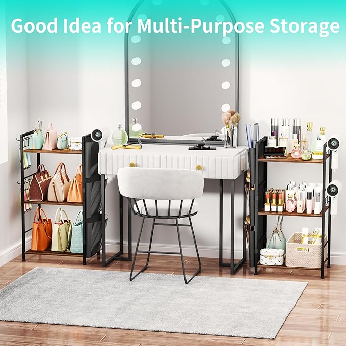 HapiRm Purse Organizer Storage Rack - Floor-Standing 3 Tier Purse Holder with Side Hooks and Transparent Pockets for Handbag Storage, High-Capacity Bag Organizer for Closet, Home, Living Room