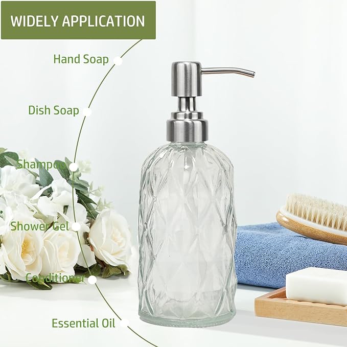 12Oz Clear Glass Soap Dispenser with Stainless Steel Pump, Diamond Design Refillable Kitchen Liquid Hand Soap Dispenser, for Dispense Hand soap, Dish Soap, Lotion, Bathroom, Countertop, Hotel
