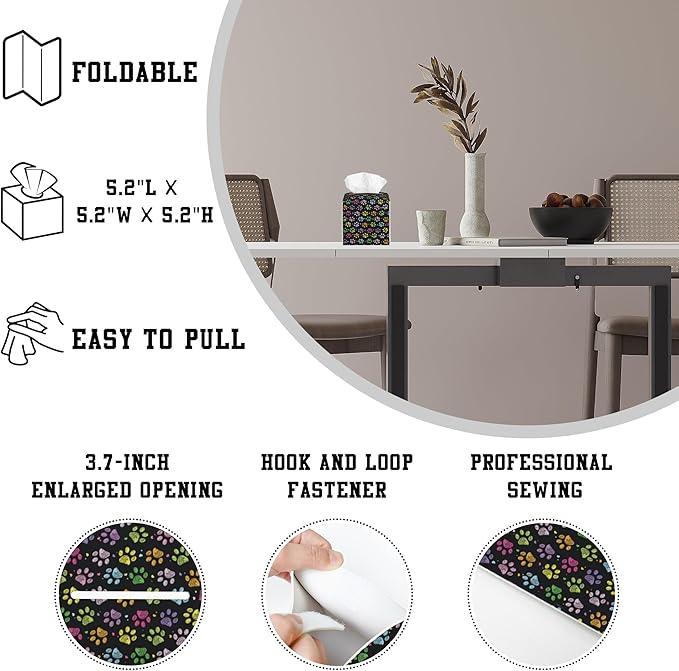 Tissue Box Holder Colorful Paw Prints Square Leather Tissue Box Cover Modern Cube Facial Paper Cover Case for Bathroom Vanity Countertop Night Stands Tabletop