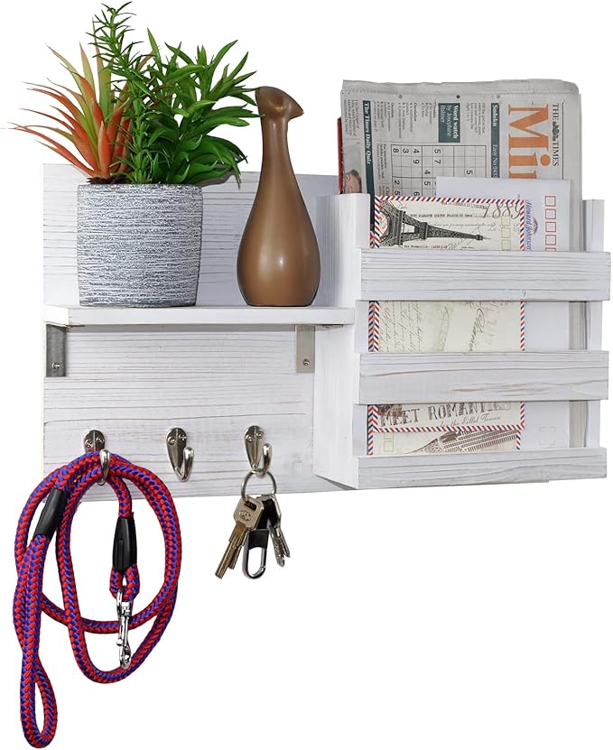 Spiretro Wall-Mounted Key Hooks Holder and Mail Sorter - Rustic Wood White - Entryway Organizer for Letters, Leashes, and Purses - Floating Shelf, 16.5” W x 9.75" H x 4.5” D