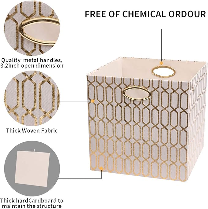 Posprica Storage Bins, Storage Cubes,13Ã13 Fabric Drawers Organizer Basket Boxes Containers (13Ã13Ã13/2pcs, Cream/gold geometry Pattern)