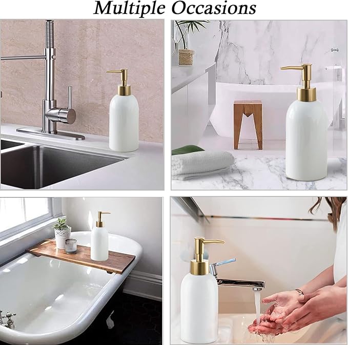 2Pack Ceramic Soap Dispenser White with Gold Pump,Simple Design Cylindrical Lotion Dispenser Bottle,Refillable Liquid Hand Soap Dispenser for Kitchen,Bathroom,Washroom