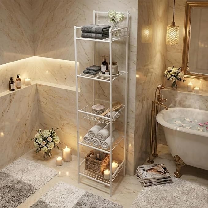 Bath Bliss 5 Tier Freestanding Bathroom Storage Shelf, White Metal Organizer Rack | Rust Resistant Space Saving Bathroom Stand | Toilet Paper Towel Holder | Bathroom Organizer for Small Spaces