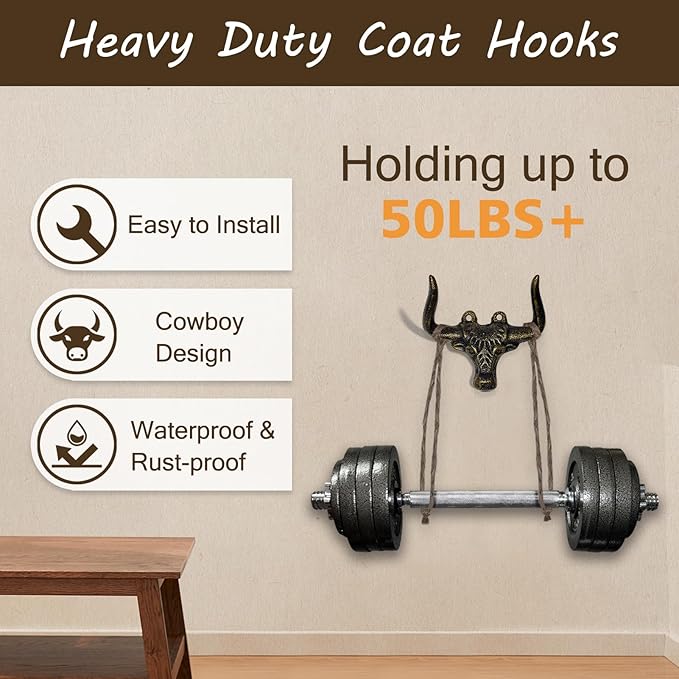 Cast Iron Wall Mount Hooks – Bull Bronze Design, 2 Pack – Vintage Rustic Coat Hooks for Entryway, Bathroom, Kitchen, or Bedroom