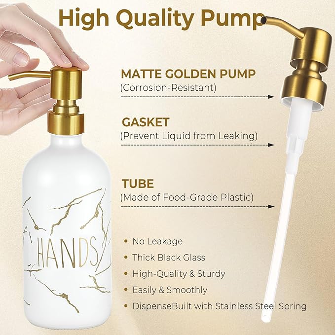 Kitchen Soap Dispenser Set, 16oz Hand and Dish Soap Dispenser Set with 2 Instant Dry Trays, Stainless Steel Pump, Refillable Glass Bottle for Kitchen and Bathroom Countertop (White)