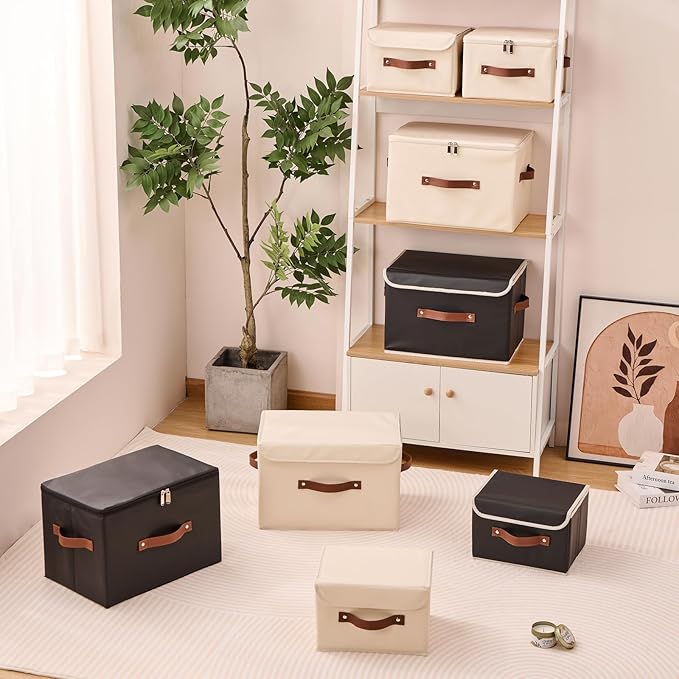 2PCS Storage Bins Box with Lids Decorative PU Leather Fabric Baskets Cubes with Handles PP Plastic Board Foldable Washable Lidded Clothing Shelf Closet Organizer Container (Black, Small)