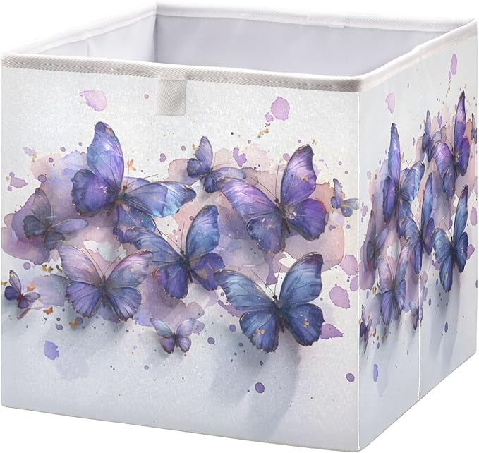 Bolaz Butterflies Purple Watercolor Closet Organizers Storage Cubes Storage Bins Shelf Baskets Containers for Home Room Office,Square
