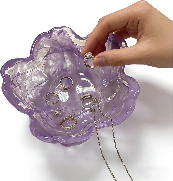Flower Ring Dish Jewelry Tray, Glass Jewelry Dish Tray, Aesthetic Room Decor Small Trinket Dish, Nightstand Ring Holder Dish, Bathroom Jewelry Plate Bowl for Earrings (Watercolor Violet Purple)