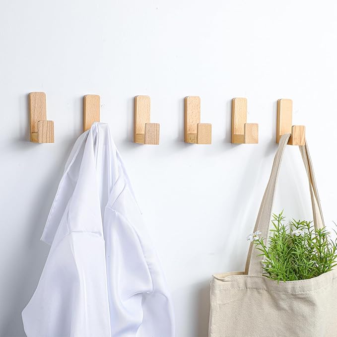 6 Pack Cute Kids Coat Wall Hooks Wooden Adhesive Decorative Colorful Wall Mounted Hangers Backpack Hooks for Hanging Keys Towel Clothes Bathroom Organization(Wood Color)