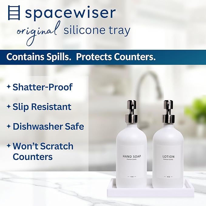 Countertop and Vanity Tray - Small 7.7” Silicone Tray for Soap Dispenser, Bathroom Trays, Dish Soap Trays for Kitchen Counter, Sink Caddy Sinks Organizer, Soaps Dish & Sponge Holder, White