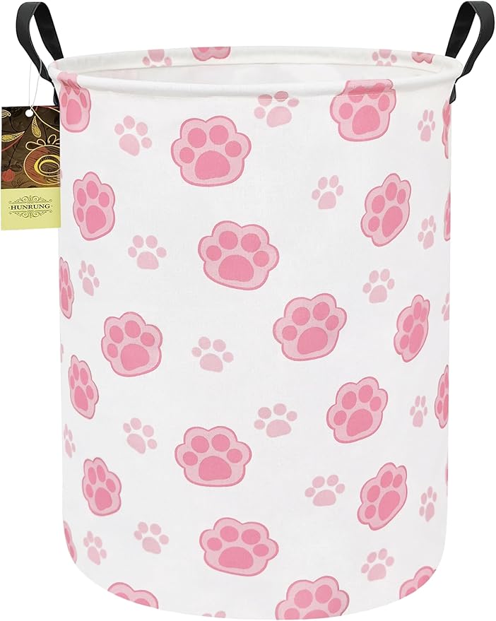 HUNRUNG Laundry Hamper,Large Canvas Fabric Lightweight Storage Basket Toy Organizer Dirty Clothes Collapsible Waterproof for College Dormsï¼Round-Pink Pawï¼