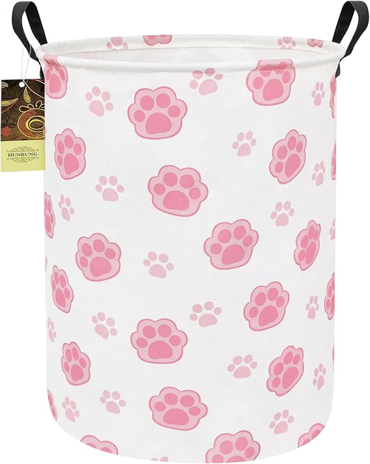 HUNRUNG Laundry Hamper,Large Canvas Fabric Lightweight Storage Basket Toy Organizer Dirty Clothes Collapsible Waterproof for College Dormsï¼Round-Pink Pawï¼