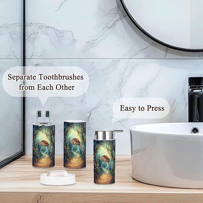 6 Piece Bathroom Accessories Set Turtle s Kelp Bubbles Wonder Trash can Toilet Brush Holder Toothbrush Holder Toothbrush Cup Soap Dispenser Soap Dish for Home