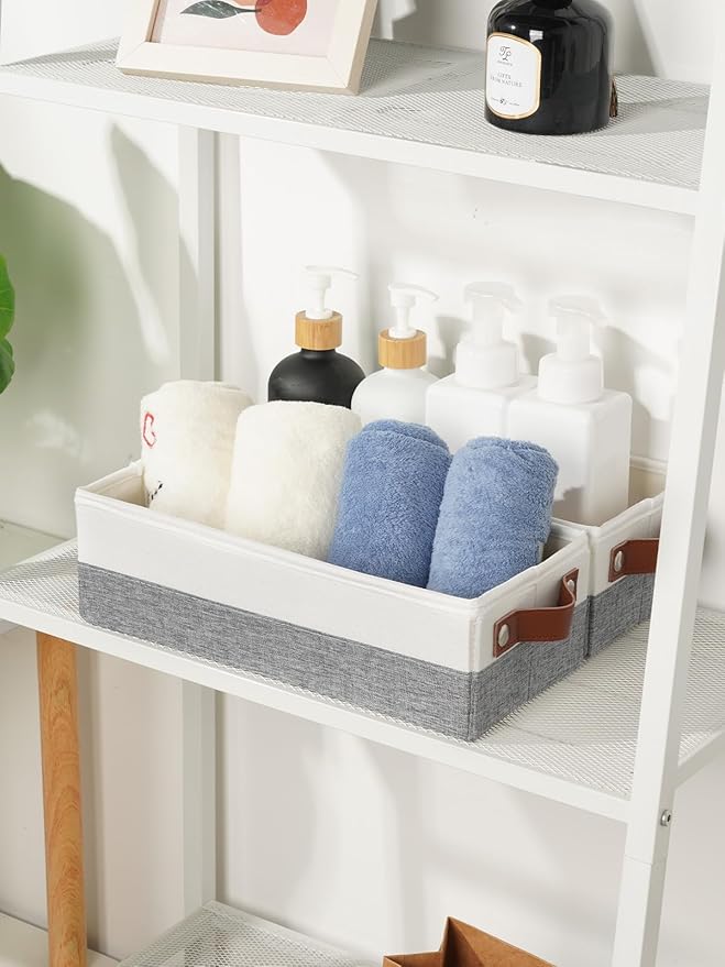 HNZIGE Small Fabric Storage Bins with Handles 3 Pack, Foldable Narrow Baskets for Organize Toilet Paper, Clothes, Diaper, Sock, Storage Bins for Shelves, White&Grey-13"x 5.9"x3.9"