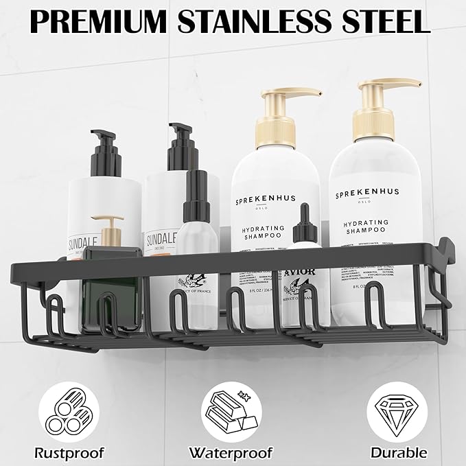 4 Pack Shower Caddy - Adhesive Organizer for Bathroom Storage, Rustproof Stainless Steel Shelves, No Drilling, Large Capacity Shower Rack, Black