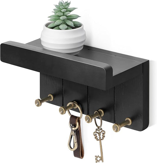 Rebee Vision Small Key Holder Wall Mount - Decorative 8 inch Key and Mail Holder for Wall with Shelf and 4 Sturdy Hooks for Aesthetic Room Decor - Perfect Aesthetic Stuff in House Decor (Modern Black)