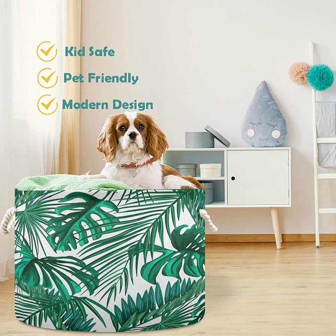 visesunny Storage Basket Tropical Palm Leaf Nursery Hamper Canvas Fabric Toy Storage Organizer Bin Storage Box Laundry Basket for Kid Rooms,Playroom,Shelves,Toy Basket