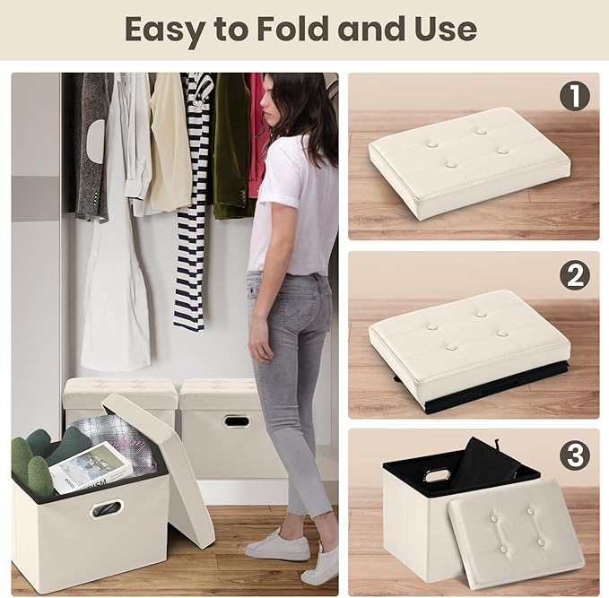 COSYLAND Storage Ottoman Foot Rest - 17x13x13in Leather Ottoman Rectangle Foot Stool Folding for Room Dorm Small Collapsible Bench Seat Organizer Entryway Furniture with Handles Lid Beige