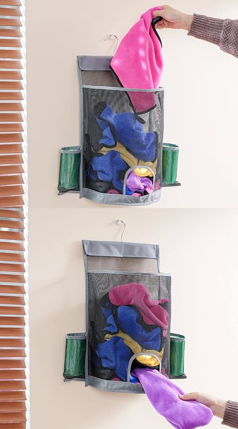 ALYER Hanging Mesh Grocery Bag Holder,Plastic Garbage Bag Dispenser Organizer with Hanger for Kitchen Cabinet Bathroom Laundry,Installation Free (Blue, 17.7" H * 10.6" W * 10" D)
