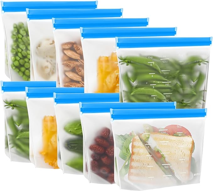 IDEATECH Reusable Sandwich Bags Dishwasher Safe, Quart Freezer Bags Stand Up, Leakproof & BPA Free Reusable Storage Bags for Food Storage, Home Organization, Traval (10Pack)