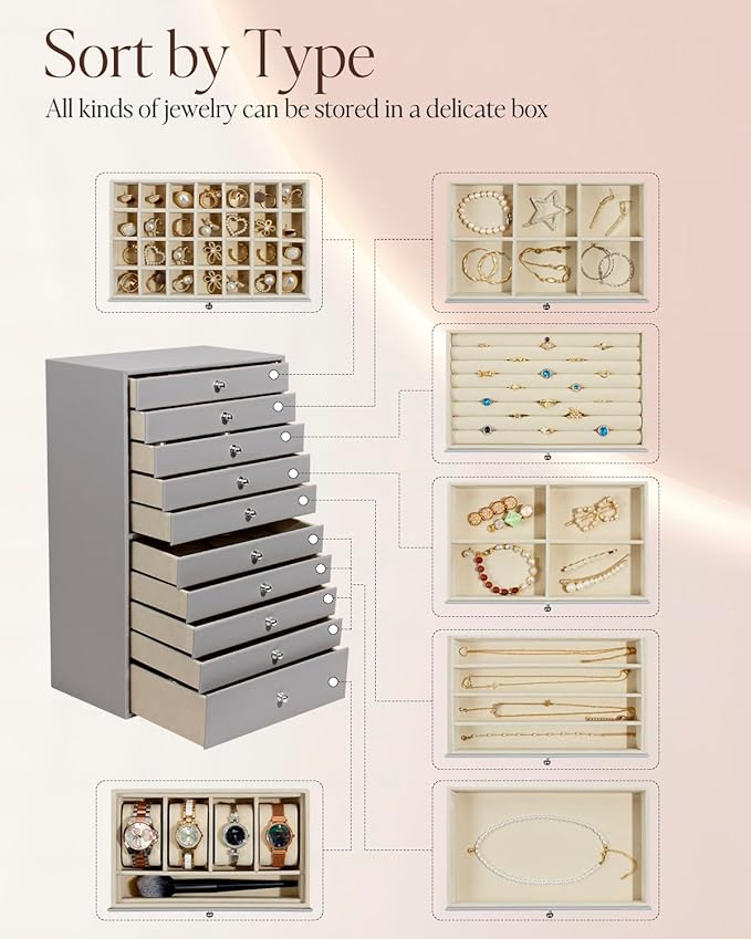 GUKA Large Jewelry Box, Jewelry Case with 10 Drawers for Big and Small Jewelry, Jewelry Storage Organizer for Watch Earrings Necklace Rings Bracelets, Birthday Wedding Gifts, Grey