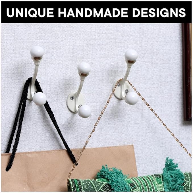 Indian Shelf 6 Pieces Double Prong White Decorative Coat Hooks Unique Coat Rack Wall Mount Ceramic Wall Hooks for Hanging Towel Holder Backpack Purse Hanger- Style 5