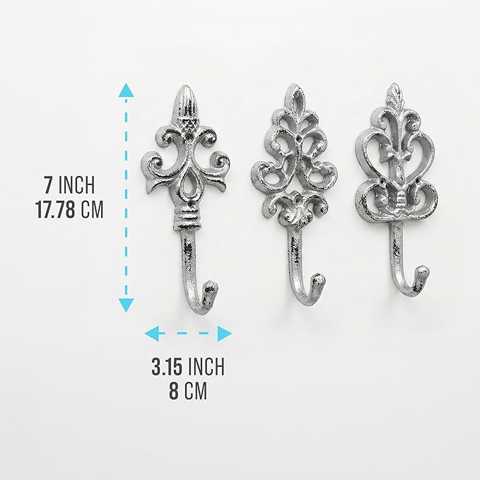 Comfify Shabby Chic Decorative Wall Hooks - Set of 3 - Cast Iron French Country Wall Decor - Farmhouse Hangers for Coats, Purses and More - Silver with Black