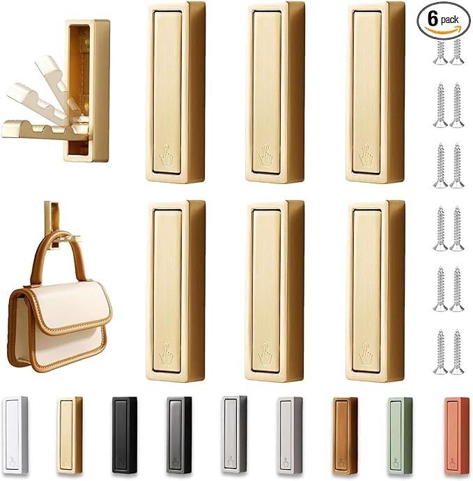 6PCS Folding Wall Hooks, Foldable Coat Hooks Heavy Duty Foldable Hook Bathroom Towel Hooks Robe Hooks Wall Mounted for Bathroom, Closet, Entryway, Pool, and Kitchen (Square-Gold)