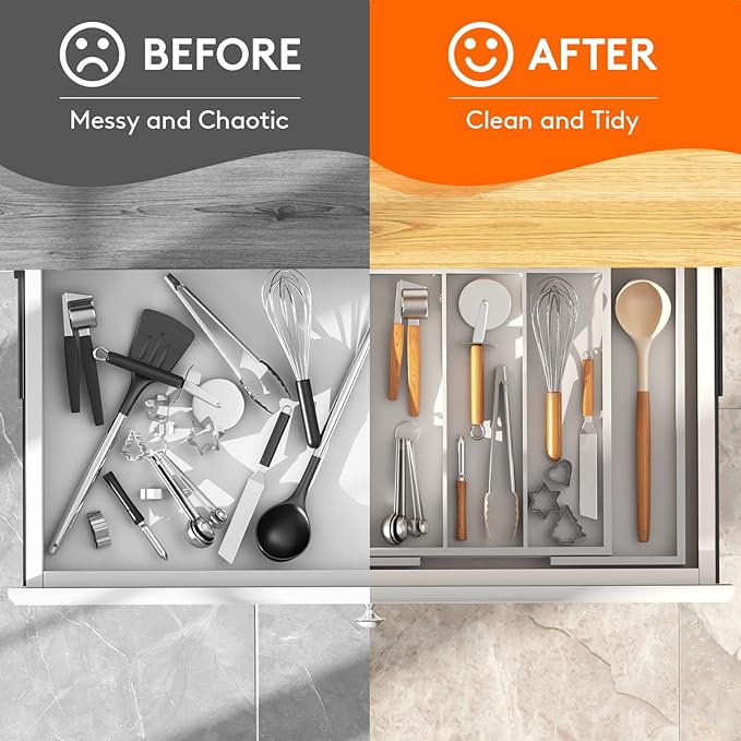 Lifewit Utensil Organizer for Kitchen Drawer, Expandable Cooking Utensil Tray, Cutlery Silverware Flatware Holder, Wood Adjustable Spatula Tools Storage Divider, 13-22x15/ 33-56x38cm, White