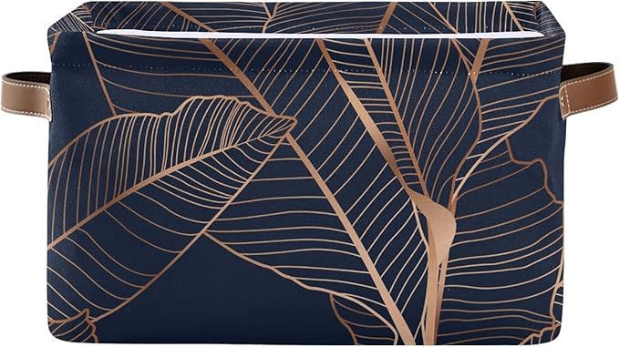 susiyo Gold Palm Leaves Navy Blue Closet Storage Bins with PU Handles, Foldable Fabric Storage Baskets for Shelves, Decorative Baskets Clothes Storage Baskets for Organizing-2Pack