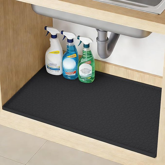 TRZZ Silicone Waterproof Under Sink Mat 28" x 19", Drip Tray and Cabinet Liner for Kitchen and Bathroom, Prevents Water Damage and Organizes Cabinets (Black)
