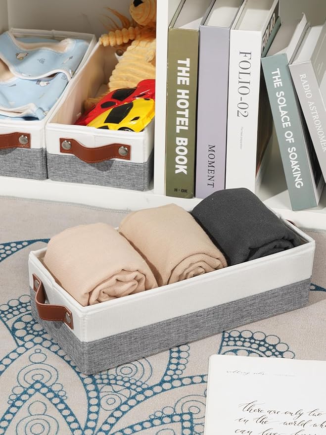 HNZIGE Small Fabric Storage Bins with Handles 3 Pack, Foldable Narrow Baskets for Organize Toilet Paper, Clothes, Diaper, Sock, Storage Bins for Shelves, White&Grey-13"x 5.9"x3.9"