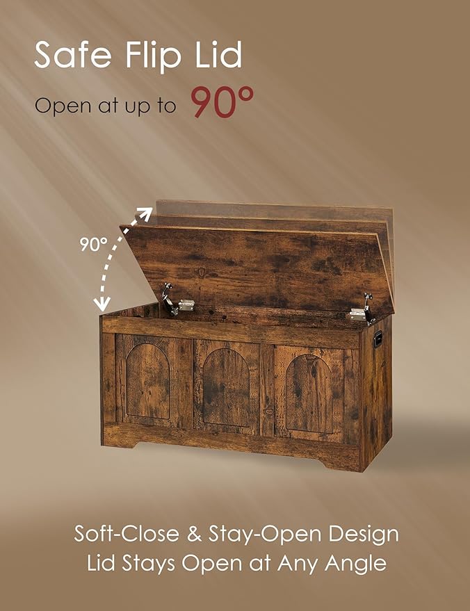 DINZI LVJ Storage Chest, 39.4â Wooden Toy Box with 2 Safety Hinges, Entryway Shoe Bench with Flip-Top, Sturdy Large Storage Trunk for Living Room, Bedroom, Playroom, Easy Assembly, Rustic Brown