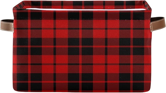 AUUXVA Storage Basket Red Black Christmas Buffalo Plaid Check Storage Cube Box Durable Canvas Collapsible Toy Basket Organizer Bin with Handles for Shelf Closet Bedroom Home Office