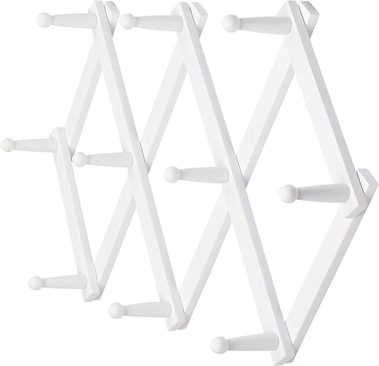 Dseap Accordian Wall Hanger: 16” High Wooden Wall Expandable Coat Rack, Hat Rack Holder, Accordion Hook for Baseball Caps, Coats, Mugs, 10 Peg Hooks, White