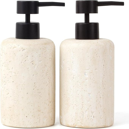 2pcs/Set Hand Soap Dispenser Sets - 10.8oz Refillable Resin Liquid Soap Dispensers with Rust-Proof Pump for Bathroom Countertop or Kitchen, Faux Travertine
