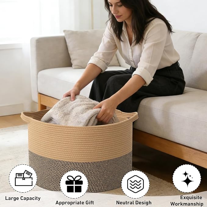 90L Large Blanket Basket,21.7"L x 21.7"W x 13.8"H Rope Woven Baskets with Handles, Toys Storage Bins,Laundry Basket Perfect for Living Room, Nursery,Bedroom,Home Organization,Jute&Black