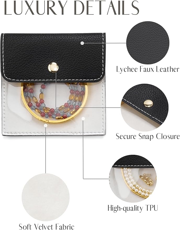 Popvibe 6 Pcs Jewelry Bags Clear Mini Pouch Small Jewelry Pouches for Traveling Leather Portable Travel Jewelry Organizer and Storage Bag for Earrings, Necklace, Black