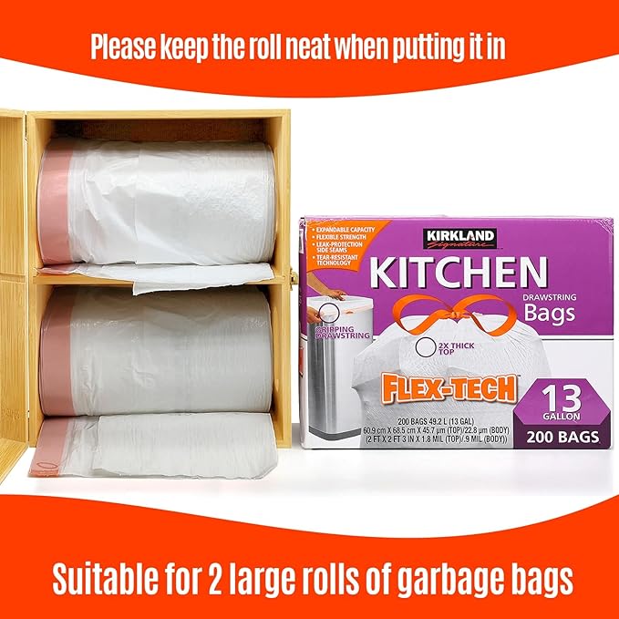 2-in-1 Extra Large Bamboo Trash Bag Dispenser Holder - Wall Mount Garbage Bag Organizer for Costco/Sam's Club Rolls, Space-Saving Kitchen/Pantry/Laundry/Garage Storage with Non-Slip Base