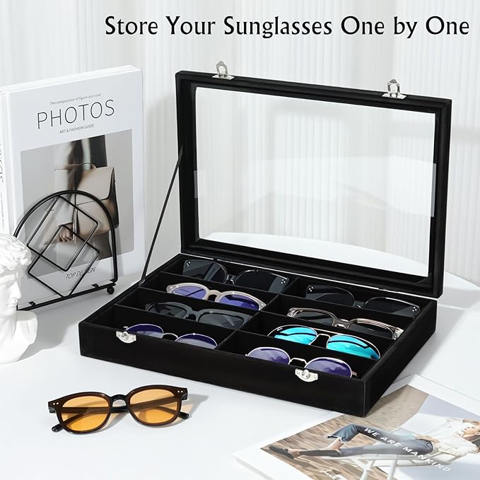 Emibele Glasses Organizer Jewelry Tray, 8 Grids with Clear Lid Velvet Tray Watch Storage Stackable Jewelry Showcase Display Storage with Detachable Inner Dividers, Black