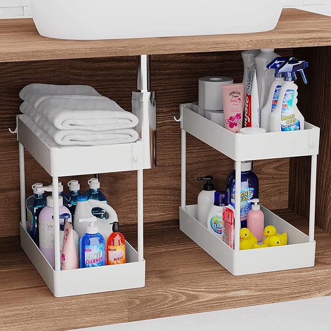 Under Sink Organizer, Under Bathroom Sink Storage 2 Tier Organizer Bath Collection Baskets with Hooks, Under Sink Shelf Organizer Rack, Multi-purpose Under Sink Storage for Bathroom Kitch(Color:White)