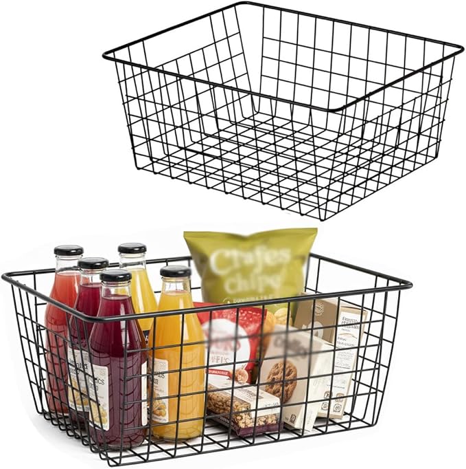 Kitchen Metal Wire Baskets Farmhouse Decor Metal Food Storage Organizer,Household Refrigerator Bin with Built-in Handles for Cabinets,Pantry,Bathroom,Black