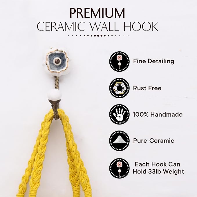 Indian Shelf Pack of 6 Ceramic Wall Hooks for Hanging Clothes - Multicolor Solid Gold Line Wall Coat Hooks - Ceramic Clothing Hooks - Solid Gold Line Keys Hanging