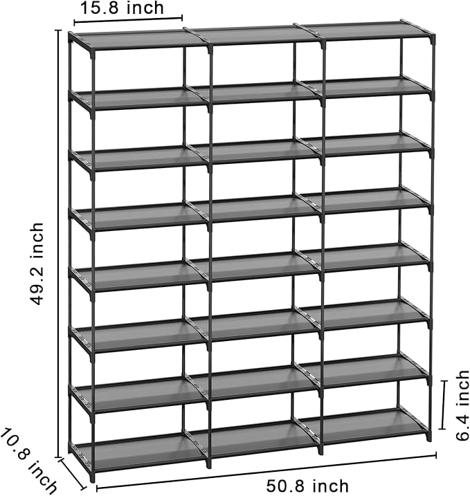 Large Shoe Rack Shoe Storage Organizer for Entryway Heavy Duty Free Standing Shelves Space Saving for Sneakers Hallway Garage Organization (3 Row 8 Tier)